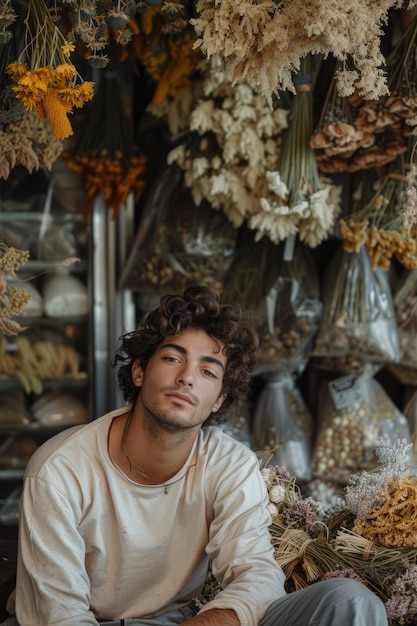 Foto grátis retrato de um homem trabalhando em uma loja de flores secas