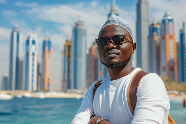 Retrato de um homem visitando a luxuosa cidade de Dubai