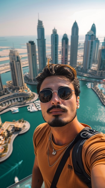 Foto grátis retrato de um homem visitando a luxuosa cidade de dubai