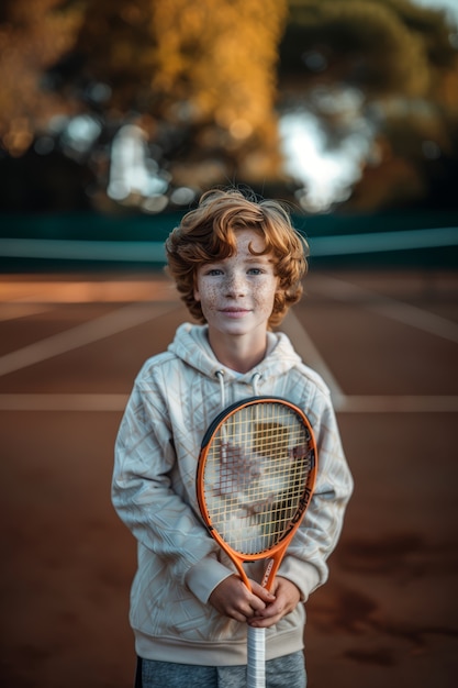 Retrato de um jovem jogador praticando tênis