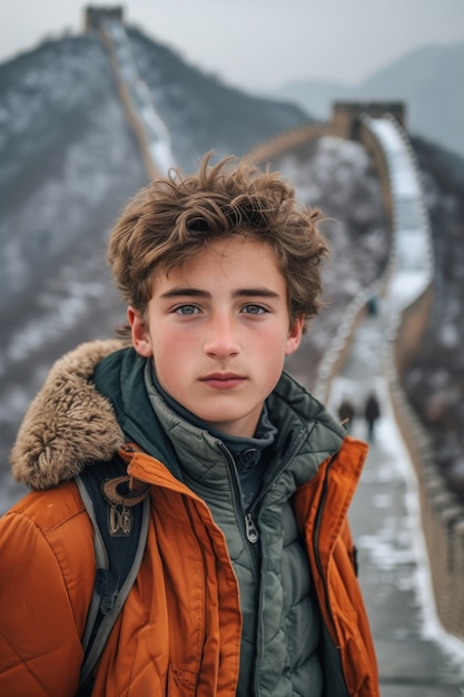 Foto grátis retrato de um jovem turista adolescente visitando a grande muralha da china