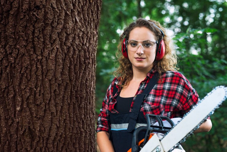 Foto grátis retrato de um lenhador em pé perto do tronco de uma árvore na floresta segurando uma serra elétrica