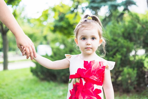 Retrato, de, um, menina, segurando, pessoa, mãos, jardim