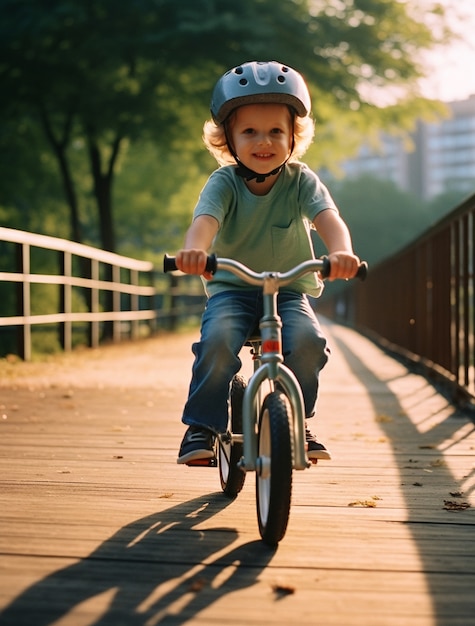 Retrato de um menino andando de bicicleta