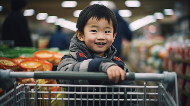 Retrato de um menino asiático no supermercado