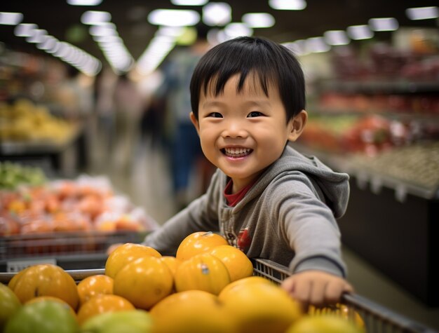 Retrato de um menino asiático no supermercado