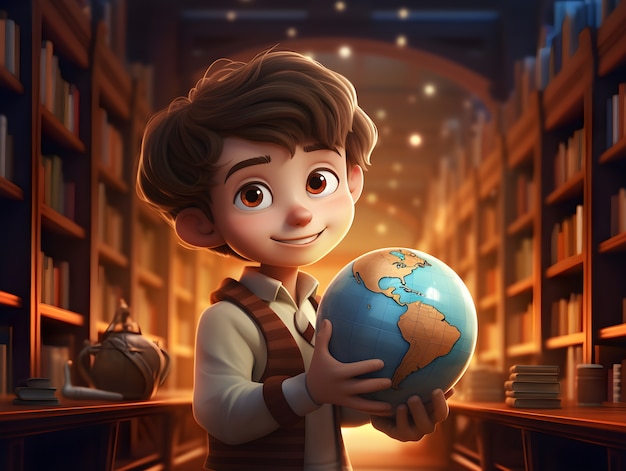 Retrato de um menino com um globo para o dia da educação