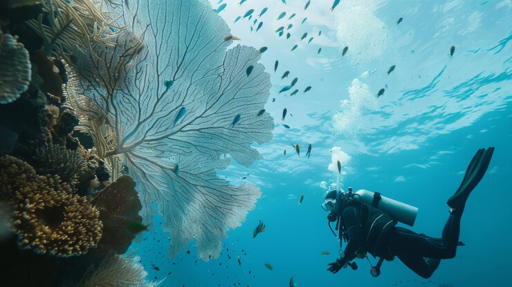 Foto grátis retrato de um mergulhador na água do mar com vida marinha