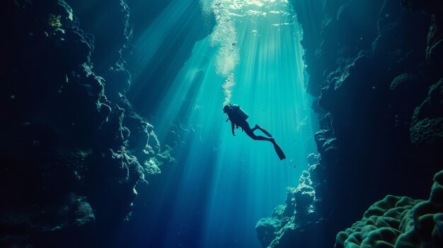 Retrato de um mergulhador na água do mar com vida marinha