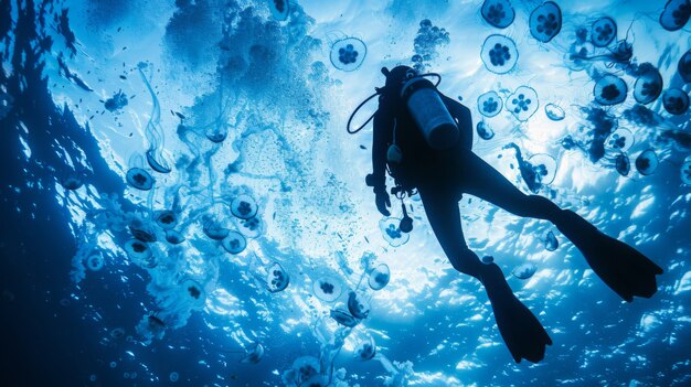 Retrato de um mergulhador na água do mar com vida marinha