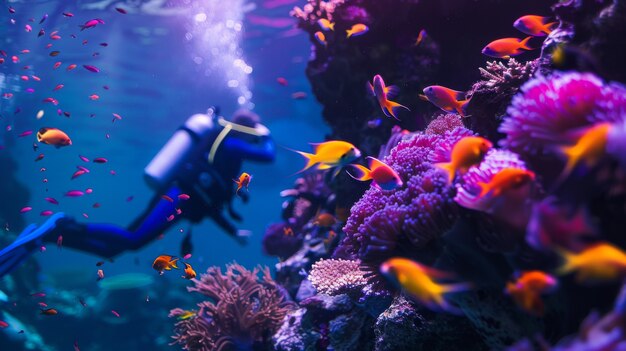 Retrato de um mergulhador na água do mar com vida marinha