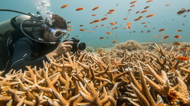 Retrato de um mergulhador na água do mar com vida marinha