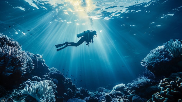 Retrato de um mergulhador na água do mar com vida marinha