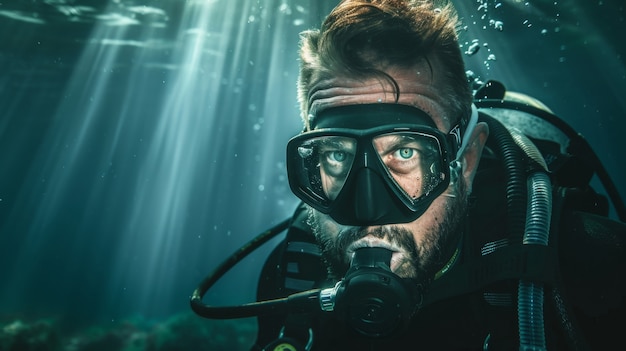 Retrato de um mergulhador na água do mar com vida marinha