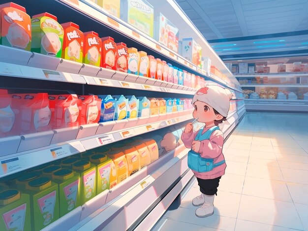 Retrato de um personagem de anime fazendo compras em estilo de desenho animado