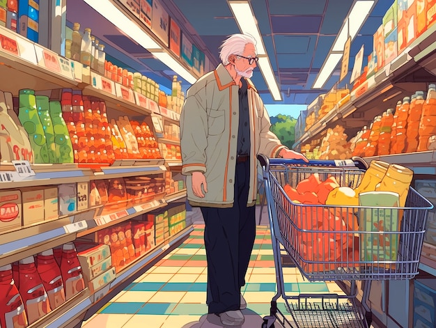 Retrato de um personagem de anime fazendo compras em estilo de desenho animado