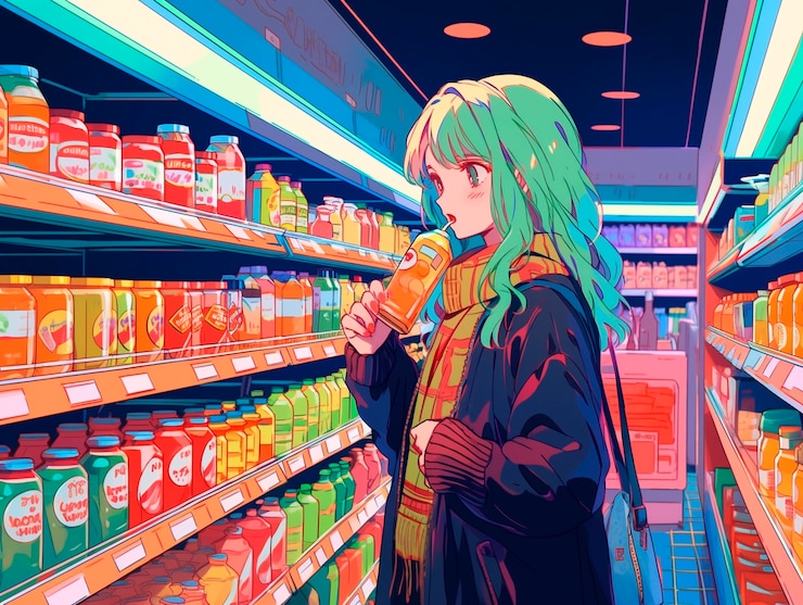 Foto grátis retrato de um personagem de anime fazendo compras em estilo de desenho animado
