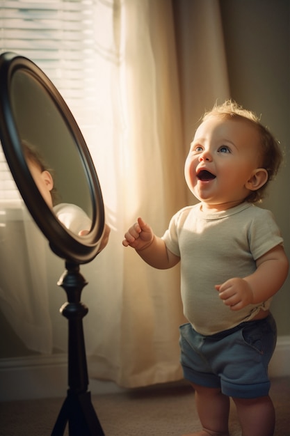 Foto grátis retrato de um recém-nascido adorável com espelho