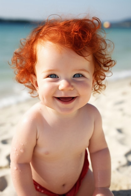 Retrato de um recém-nascido adorável na praia