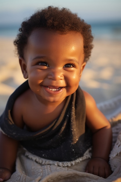 Retrato de um recém-nascido adorável na praia