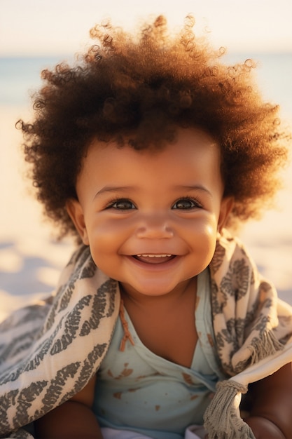 Foto grátis retrato de um recém-nascido adorável na praia