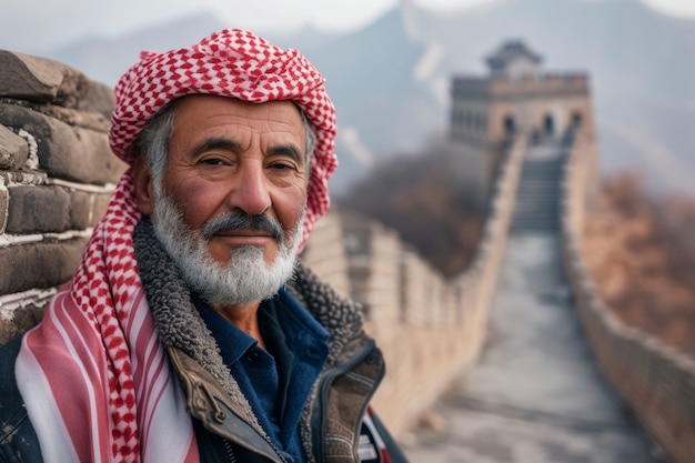 Retrato de um turista sênior visitando a Grande Muralha da China