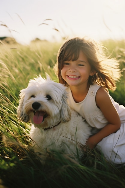 Retrato de uma criança adorável com o seu cão no campo