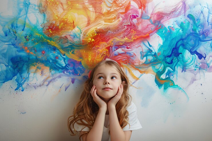 Foto grátis retrato de uma criança autista num mundo de fantasia