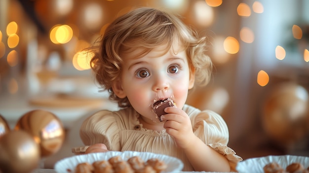 Retrato de uma criança feliz comendo um delicioso chocolate