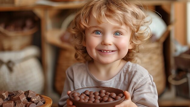 Retrato de uma criança feliz comendo um delicioso chocolate