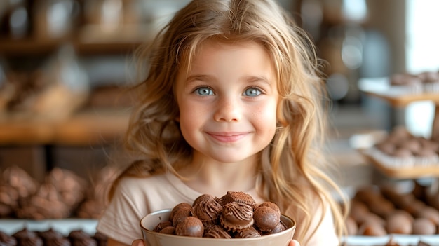 Retrato de uma criança feliz comendo um delicioso chocolate