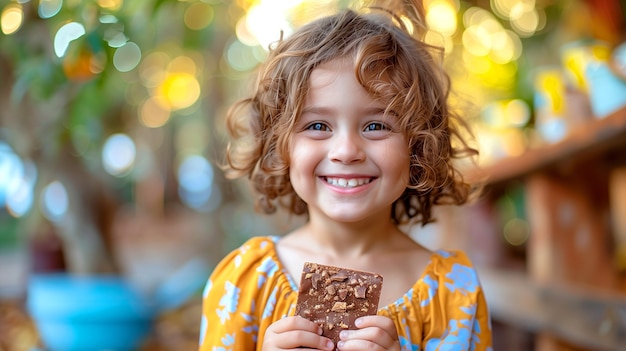 Retrato de uma criança feliz comendo um delicioso chocolate