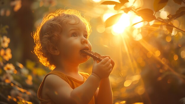 Retrato de uma criança feliz comendo um delicioso chocolate