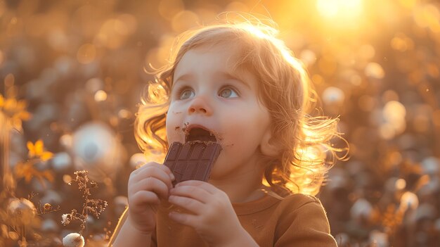 Retrato de uma criança feliz comendo um delicioso chocolate