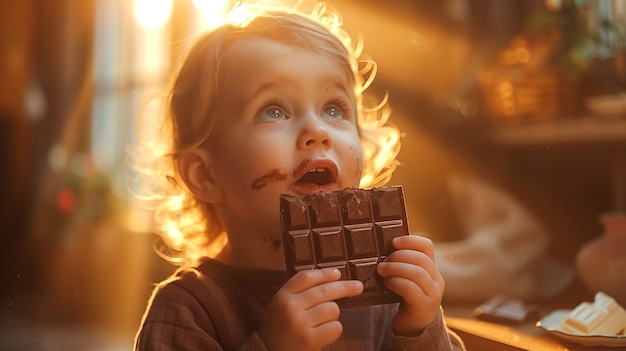 Retrato de uma criança feliz comendo um delicioso chocolate