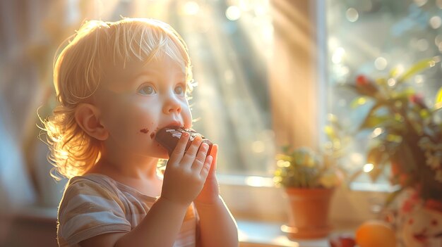 Retrato de uma criança feliz comendo um delicioso chocolate