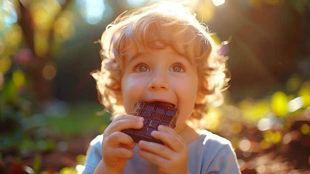 Retrato de uma criança feliz comendo um delicioso chocolate