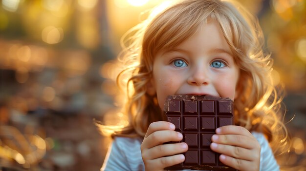 Retrato de uma criança feliz comendo um delicioso chocolate