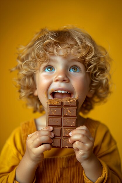 Retrato de uma criança feliz comendo um delicioso chocolate