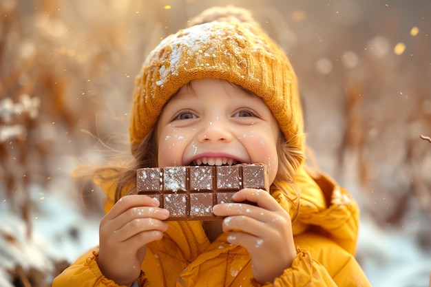 Retrato de uma criança feliz comendo um delicioso chocolate