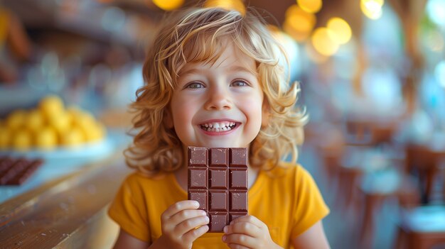 Retrato de uma criança feliz comendo um delicioso chocolate