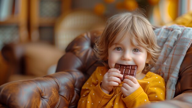 Retrato de uma criança feliz comendo um delicioso chocolate
