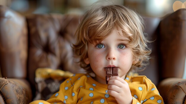 Retrato de uma criança feliz comendo um delicioso chocolate