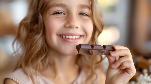 Retrato de uma criança feliz comendo um delicioso chocolate