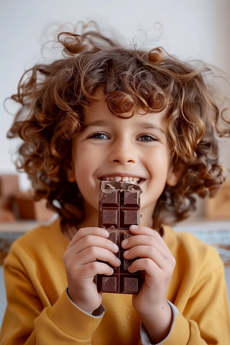 Foto grátis retrato de uma criança feliz comendo um delicioso chocolate