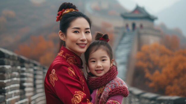 Retrato de uma família de turistas visitando a Grande Muralha da China