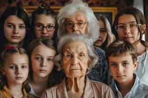 Foto grátis retrato de uma família multigeracional compartilhando espaço doméstico devido aos preços caros das habitações