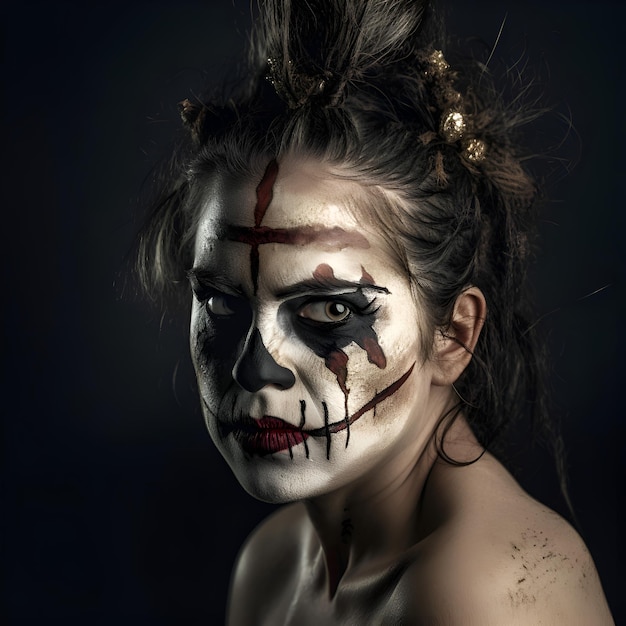 Foto grátis retrato de uma jovem com maquiagem de halloween em um fundo escuro