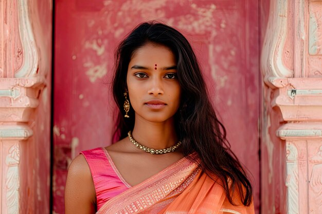 retrato de uma jovem e linda mulher indiana com sari