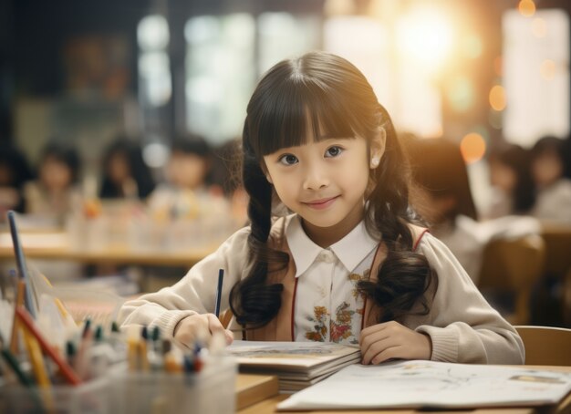 Retrato de uma jovem estudante frequentando a escola